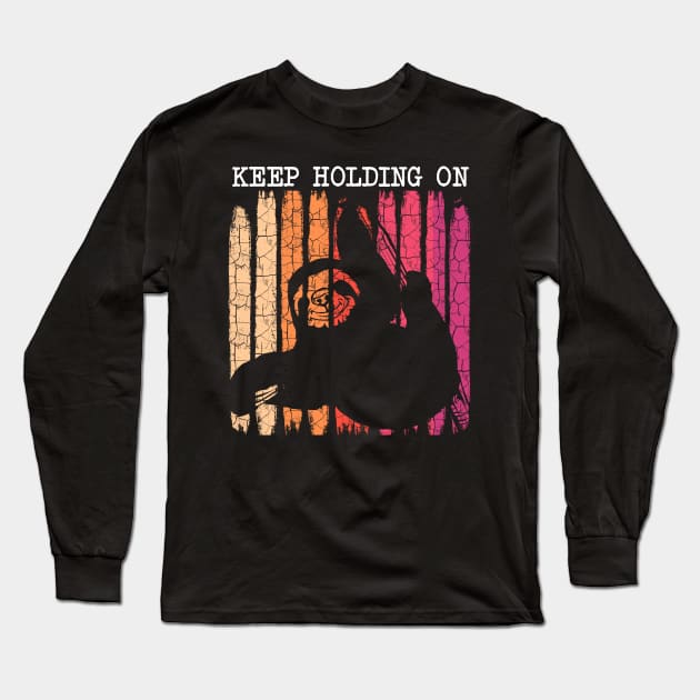 Sloth - Keep Holding On Pun Retro Style Long Sleeve T-Shirt by Lumio Gifts